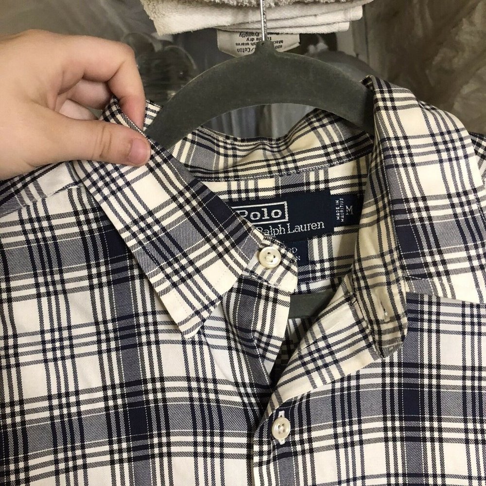 Vintage Polo Ralph Lauren Mens Shirt M Black White Plaid Cotton Benford Fit